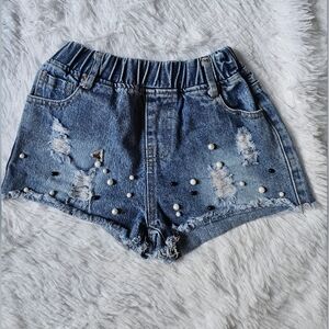 Lola + The Boys Distressed Denim Shorts with Pearl Accents